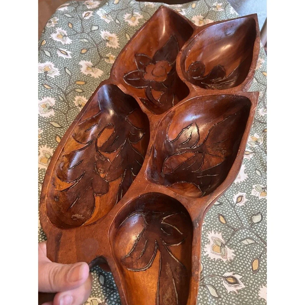 Hand Carved Wood Floral 6-Compartment Serving Tray, Brown Rustic 22 in